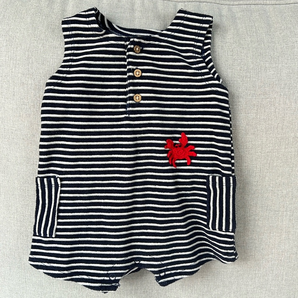 3for$20 / Mudpie Terry shortall onesie with crocheted crab detail